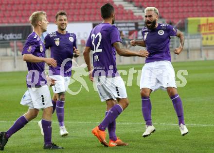 Fussball 2. Liga. SK Austria Klagenfurt gegen FC Blau Weiss Linz.  Torjubel Christopher CVetko, Philipp Huetter, Markus Pink, Kosmas Gkezos (Klagenfurt). Klagenfurt, am 11.9.2020.
Foto: Kuess
www.qspictures.net
---
pressefotos, pressefotografie, kuess, qs, qspictures, sport, bild, bilder, bilddatenbank