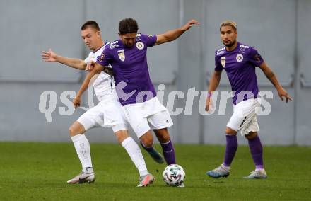 Fussball 2. Liga. SK Austria Klagenfurt gegen FC Blau Weiss Linz.  Julian von Haacke, (Klagenfurt), Philipp Pomer  (Linz). Klagenfurt, am 11.9.2020.
Foto: Kuess
www.qspictures.net
---
pressefotos, pressefotografie, kuess, qs, qspictures, sport, bild, bilder, bilddatenbank