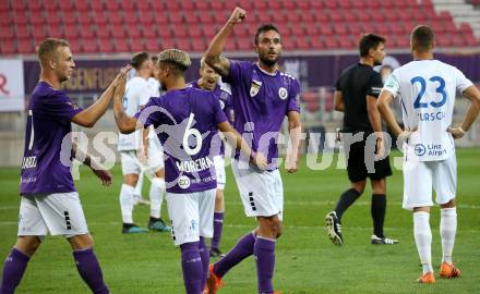 Fussball 2. Liga. SK Austria Klagenfurt gegen FC Blau Weiss Linz.  Torjubel Markus Pink, Maximiliano Moreira Romero, Florian Jaritz (Klagenfurt). Klagenfurt, am 11.9.2020.
Foto: Kuess
www.qspictures.net
---
pressefotos, pressefotografie, kuess, qs, qspictures, sport, bild, bilder, bilddatenbank