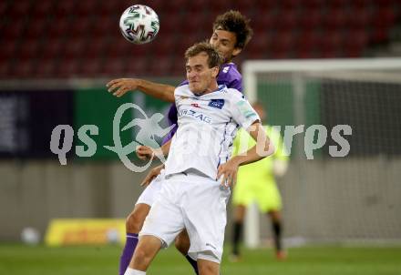 Fussball 2. Liga. SK Austria Klagenfurt gegen FC Blau Weiss Linz.  Thorsten Mahrer,  (Klagenfurt),  Fabian Schubert (Linz). Klagenfurt, am 11.9.2020.
Foto: Kuess
www.qspictures.net
---
pressefotos, pressefotografie, kuess, qs, qspictures, sport, bild, bilder, bilddatenbank