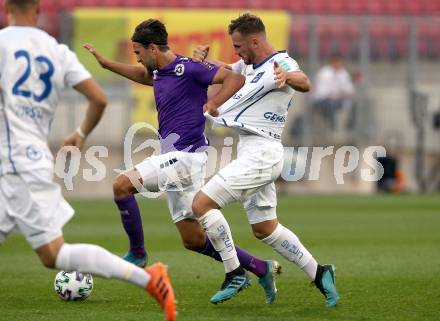 Fussball 2. Liga. SK Austria Klagenfurt gegen FC Blau Weiss Linz.  Julian von Haacke, (Klagenfurt), Turgay Gemicibasi  (Linz). Klagenfurt, am 11.9.2020.
Foto: Kuess
www.qspictures.net
---
pressefotos, pressefotografie, kuess, qs, qspictures, sport, bild, bilder, bilddatenbank