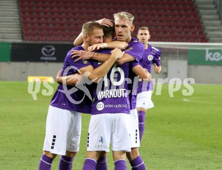 Fussball 2. Liga. SK Austria Klagenfurt gegen FC Blau Weiss Linz.  Torjubel Markus Rusek, Oliver Markoutz, Benjamin Hadzic (Klagenfurt). Klagenfurt, am 11.9.2020.
Foto: Kuess
www.qspictures.net
---
pressefotos, pressefotografie, kuess, qs, qspictures, sport, bild, bilder, bilddatenbank
