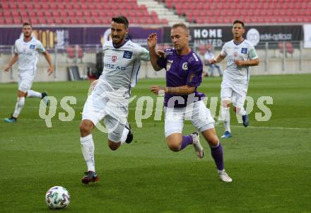 Fussball 2. Liga. SK Austria Klagenfurt gegen FC Blau Weiss Linz.  Florian Jaritz, (Klagenfurt), Fabio Strauss  (Linz). Klagenfurt, am 11.9.2020.
Foto: Kuess
www.qspictures.net
---
pressefotos, pressefotografie, kuess, qs, qspictures, sport, bild, bilder, bilddatenbank