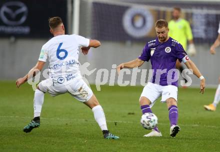 Fussball 2. Liga. SK Austria Klagenfurt gegen FC Blau Weiss Linz.  Markus Rusek, (Klagenfurt), Turgay Gemicibasi  (Linz). Klagenfurt, am 11.9.2020.
Foto: Kuess
www.qspictures.net
---
pressefotos, pressefotografie, kuess, qs, qspictures, sport, bild, bilder, bilddatenbank