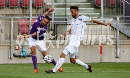 Fussball 2. Liga. SK Austria Klagenfurt gegen FC Blau Weiss Linz.  Markus Pink,  (Klagenfurt), Fabio Strauss (Linz). Klagenfurt, am 11.9.2020.
Foto: Kuess
www.qspictures.net
---
pressefotos, pressefotografie, kuess, qs, qspictures, sport, bild, bilder, bilddatenbank