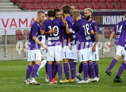 Fussball 2. Liga. SK Austria Klagenfurt gegen FC Blau Weiss Linz.  Torjubel Florian Jaritz, Julian von Haacke, Markus Pink, Markus Rusek, Kosmas Gkezos (Klagenfurt). Klagenfurt, am 11.9.2020.
Foto: Kuess
www.qspictures.net
---
pressefotos, pressefotografie, kuess, qs, qspictures, sport, bild, bilder, bilddatenbank