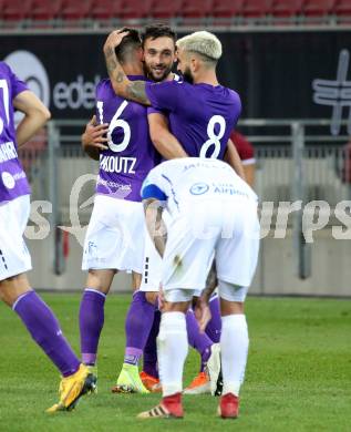 Fussball 2. Liga. SK Austria Klagenfurt gegen FC Blau Weiss Linz.  Torjubel Oliver Markoutz, Markus Pink, Kosmas Gkezos (Klagenfurt). Klagenfurt, am 11.9.2020.
Foto: Kuess
www.qspictures.net
---
pressefotos, pressefotografie, kuess, qs, qspictures, sport, bild, bilder, bilddatenbank