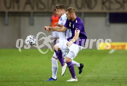 Fussball 2. Liga. SK Austria Klagenfurt gegen FC Blau Weiss Linz.  Markus Rusek,  (Klagenfurt), Hannes Huber (Linz). Klagenfurt, am 11.9.2020.
Foto: Kuess
www.qspictures.net
---
pressefotos, pressefotografie, kuess, qs, qspictures, sport, bild, bilder, bilddatenbank