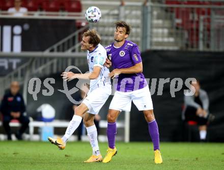 Fussball 2. Liga. SK Austria Klagenfurt gegen FC Blau Weiss Linz.  Thorsten Mahrer, (Klagenfurt), Fabian Schubert  (Linz). Klagenfurt, am 11.9.2020.
Foto: Kuess
www.qspictures.net
---
pressefotos, pressefotografie, kuess, qs, qspictures, sport, bild, bilder, bilddatenbank
