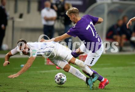 Fussball 2. Liga. SK Austria Klagenfurt gegen FC Blau Weiss Linz.  Benjamon Hadzic, (Klagenfurt), Turgay Gemicibasi  (Linz). Klagenfurt, am 11.9.2020.
Foto: Kuess
www.qspictures.net
---
pressefotos, pressefotografie, kuess, qs, qspictures, sport, bild, bilder, bilddatenbank
