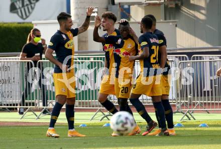 Fussball. Bundesliga. RZ Pellets WAC gegen FC Red Bull Salzburg.  Torjubel Mergim Berisha, Patson Daka, Noah Okafor  (Salzburg). Wolfsberg, am 13.9.2020.
Foto: Kuess
www.qspictures.net

---
pressefotos, pressefotografie, kuess, qs, qspictures, sport, bild, bilder, bilddatenbank