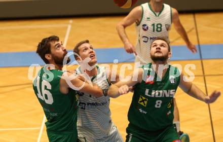 Basketball Austria Cup. KOS Celovec gegen Dornbirn Lions.  Lovro Fizuleto (KOS Celovec),  Mario Tobar Ruiz, Ivica Dodig  (Dornbirn). Klagenfurt, am 19.9.2020.
Foto: Kuess
www.qspictures.net

---
pressefotos, pressefotografie, kuess, qs, qspictures, sport, bild, bilder, bilddatenbank