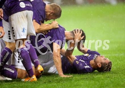 Fussball 2. Liga. SK Austria Klagenfurt gegen Young Violets Austria Wien.  Torjubel Darijo Pecirep, Maximiliano Moreira (Klagenfurt). Klagenfurt, am 25.9.2020.
Foto: Kuess
www.qspictures.net
---
pressefotos, pressefotografie, kuess, qs, qspictures, sport, bild, bilder, bilddatenbank