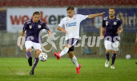 Fussball 2. Liga. SK Austria Klagenfurt gegen Young Violets Austria Wien.  Patrick Greil, (Klagenfurt), Csaba Mester  (Wien). Klagenfurt, am 25.9.2020.
Foto: Kuess
www.qspictures.net
---
pressefotos, pressefotografie, kuess, qs, qspictures, sport, bild, bilder, bilddatenbank