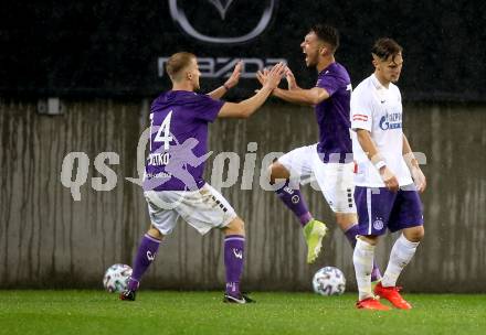 Fussball 2. Liga. SK Austria Klagenfurt gegen Young Violets Austria Wien.  Torjubel Christopher Cvetko, Oliver Markoutz (Klagenfurt). Klagenfurt, am 25.9.2020.
Foto: Kuess
www.qspictures.net
---
pressefotos, pressefotografie, kuess, qs, qspictures, sport, bild, bilder, bilddatenbank