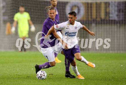 Fussball 2. Liga. SK Austria Klagenfurt gegen Young Violets Austria Wien.  Patrick Greil (Klagenfurt), Anouar El Moukhantir (Wien). Klagenfurt, am 25.9.2020.
Foto: Kuess
www.qspictures.net
---
pressefotos, pressefotografie, kuess, qs, qspictures, sport, bild, bilder, bilddatenbank