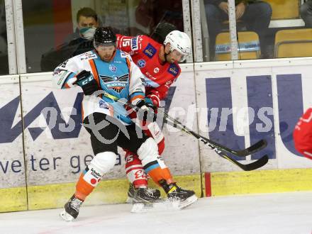 EBEL. Eishockey Bundesliga. KAC gegen	EHC Linz.  Gregorc Blaz (KAC),   Kozek Andrew Jacob (Linz). Klagenfurt, am 25.9.2020.
Foto: Kuess
www.qspictures.net

---
pressefotos, pressefotografie, kuess, qs, qspictures, sport, bild, bilder, bilddatenbank