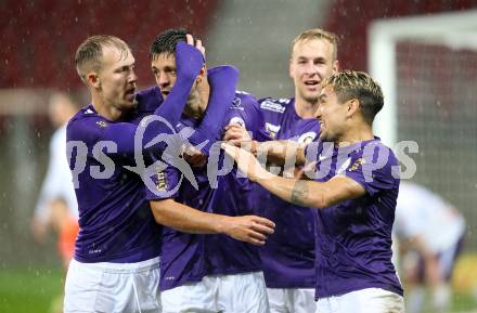 Fussball 2. Liga. SK Austria Klagenfurt gegen Young Violets Austria Wien.  Torjubel Benjamin Hadzic, Darijo Pecirep, Florian Jaritz, Maximiliano Moreira (Klagenfurt). Klagenfurt, am 25.9.2020.
Foto: Kuess
www.qspictures.net
---
pressefotos, pressefotografie, kuess, qs, qspictures, sport, bild, bilder, bilddatenbank