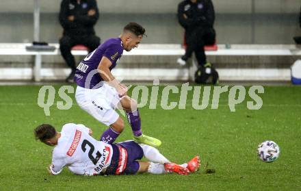 Fussball 2. Liga. SK Austria Klagenfurt gegen Young Violets Austria Wien.  Oliver Markoutz,  (Klagenfurt), Pascal Macher (Wien). Klagenfurt, am 25.9.2020.
Foto: Kuess
www.qspictures.net
---
pressefotos, pressefotografie, kuess, qs, qspictures, sport, bild, bilder, bilddatenbank