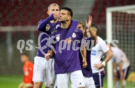 Fussball 2. Liga. SK Austria Klagenfurt gegen Young Violets Austria Wien.  Torjubel Benjamin Hadzic, Darijo Pecirep, Maximiliano Moreira (Klagenfurt). Klagenfurt, am 25.9.2020.
Foto: Kuess
www.qspictures.net
---
pressefotos, pressefotografie, kuess, qs, qspictures, sport, bild, bilder, bilddatenbank