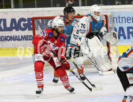 EBEL. Eishockey Bundesliga. KAC gegen	EHC Linz.  Obersteiner Daniel (KAC), Kickert David, Kragl Gerd (Linz). Klagenfurt, am 25.9.2020.
Foto: Kuess
www.qspictures.net

---
pressefotos, pressefotografie, kuess, qs, qspictures, sport, bild, bilder, bilddatenbank