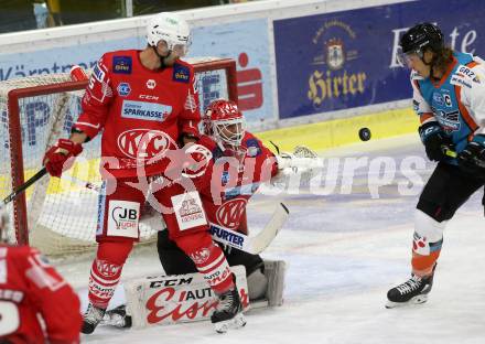EBEL. Eishockey Bundesliga. KAC gegen	EHC Linz. 	Dahm Sebastian, Gregorc Blaz (KAC),  Lebler Brian (Linz). Klagenfurt, am 25.9.2020.
Foto: Kuess
www.qspictures.net

---
pressefotos, pressefotografie, kuess, qs, qspictures, sport, bild, bilder, bilddatenbank