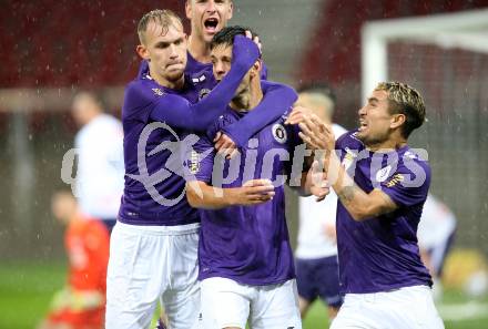 Fussball 2. Liga. SK Austria Klagenfurt gegen Young Violets Austria Wien.  Torjubel Benjamin Hadzic, Darijo Pecirep, Maximiliano Moreira (Klagenfurt). Klagenfurt, am 25.9.2020.
Foto: Kuess
www.qspictures.net
---
pressefotos, pressefotografie, kuess, qs, qspictures, sport, bild, bilder, bilddatenbank