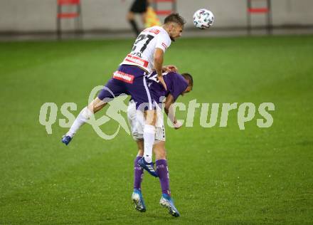 Fussball 2. Liga. SK Austria Klagenfurt gegen Young Violets Austria Wien.  Markus Pink,  (Klagenfurt), Matteo Meisl (Wien). Klagenfurt, am 25.9.2020.
Foto: Kuess
www.qspictures.net
---
pressefotos, pressefotografie, kuess, qs, qspictures, sport, bild, bilder, bilddatenbank