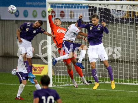 Fussball 2. Liga. SK Austria Klagenfurt gegen Young Violets Austria Wien.  Markus Pink, Thorsten Mahrer (Klagenfurt),  Ammar Helac, Matteo Meisl  (Wien). Klagenfurt, am 25.9.2020.
Foto: Kuess
www.qspictures.net
---
pressefotos, pressefotografie, kuess, qs, qspictures, sport, bild, bilder, bilddatenbank
