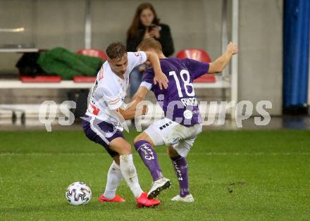 Fussball 2. Liga. SK Austria Klagenfurt gegen Young Violets Austria Wien.  Markus Rusek,  (Klagenfurt),  Csaba Mester  (Wien). Klagenfurt, am 25.9.2020.
Foto: Kuess
www.qspictures.net
---
pressefotos, pressefotografie, kuess, qs, qspictures, sport, bild, bilder, bilddatenbank