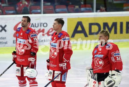 EBEL. Eishockey Bundesliga. KAC gegen	EHC Linz. 	Gregorc Blaz, 	Petersen Nicholas Eric, Dahm Sebastian (KAC). Klagenfurt, am 25.9.2020.
Foto: Kuess
www.qspictures.net

---
pressefotos, pressefotografie, kuess, qs, qspictures, sport, bild, bilder, bilddatenbank
