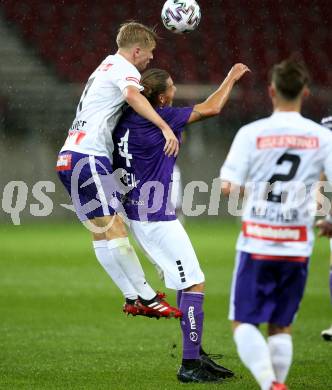 Fussball 2. Liga. SK Austria Klagenfurt gegen Young Violets Austria Wien.  Patrick Greil (Klagenfurt), Matthias Braunoeder (Wien). Klagenfurt, am 25.9.2020.
Foto: Kuess
www.qspictures.net
---
pressefotos, pressefotografie, kuess, qs, qspictures, sport, bild, bilder, bilddatenbank