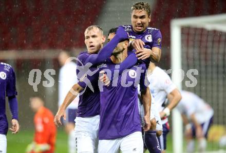 Fussball 2. Liga. SK Austria Klagenfurt gegen Young Violets Austria Wien.  Torjubel Benjamin Hadzic, Darijo Pecirep, Maximiliano Moreira (Klagenfurt). Klagenfurt, am 25.9.2020.
Foto: Kuess
www.qspictures.net
---
pressefotos, pressefotografie, kuess, qs, qspictures, sport, bild, bilder, bilddatenbank