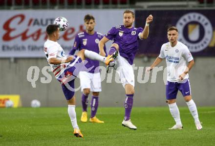 Fussball 2. Liga. SK Austria Klagenfurt gegen Young Violets Austria Wien.  Markus Rusek (Klagenfurt), Anouar El Moukhantir (Wien). Klagenfurt, am 25.9.2020.
Foto: Kuess
www.qspictures.net
---
pressefotos, pressefotografie, kuess, qs, qspictures, sport, bild, bilder, bilddatenbank