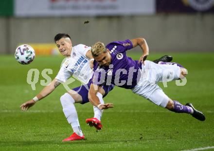 Fussball 2. Liga. SK Austria Klagenfurt gegen Young Violets Austria Wien.  Maximiliano Moreira Romero (Klagenfurt), Facundo Perdomo Marmol (Wien). Klagenfurt, am 25.9.2020.
Foto: Kuess
www.qspictures.net
---
pressefotos, pressefotografie, kuess, qs, qspictures, sport, bild, bilder, bilddatenbank