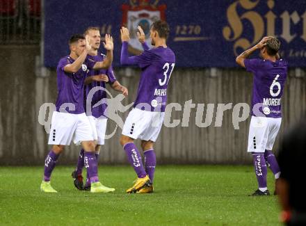 Fussball 2. Liga. SK Austria Klagenfurt gegen Young Violets Austria Wien.  Torjubel Oliver Markoutz, Christopher Cvetko , Thorsten Mahrer, Maximiliano Moreira (Klagenfurt). Klagenfurt, am 25.9.2020.
Foto: Kuess
www.qspictures.net
---
pressefotos, pressefotografie, kuess, qs, qspictures, sport, bild, bilder, bilddatenbank