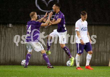 Fussball 2. Liga. SK Austria Klagenfurt gegen Young Violets Austria Wien.  Torjubel Christopher Cvetko, Oliver Markoutz (Klagenfurt). Klagenfurt, am 25.9.2020.
Foto: Kuess
www.qspictures.net
---
pressefotos, pressefotografie, kuess, qs, qspictures, sport, bild, bilder, bilddatenbank