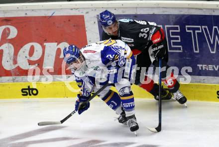 EBEL. Eishockey Bundesliga. VSV gegen HC TWK Innsbruck.  Benjamin Lanzinger,  (VSV), Dario Winkler (Innsbruck). Villach, am 27.9.2020.
Foto: Kuess
www.qspictures.net
---
pressefotos, pressefotografie, kuess, qs, qspictures, sport, bild, bilder, bilddatenbank