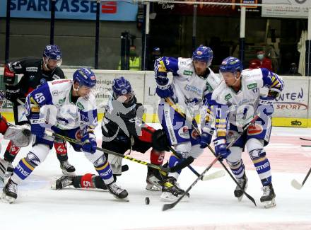 EBEL. Eishockey Bundesliga. VSV gegen HC TWK Innsbruck.  Maximilian Kammerer, Julian Kornelli, Scott Kosmachuk (VSV), Lukas Jaunegg  (Innsbruck). Villach, am 27.9.2020.
Foto: Kuess
www.qspictures.net
---
pressefotos, pressefotografie, kuess, qs, qspictures, sport, bild, bilder, bilddatenbank