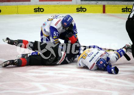 EBEL. Eishockey Bundesliga. VSV gegen HC TWK Innsbruck. Matt Mangene, Sahir Gill,  (VSV), Daniel Claudio Ciampini  (Innsbruck). Villach, am 27.9.2020.
Foto: Kuess
www.qspictures.net
---
pressefotos, pressefotografie, kuess, qs, qspictures, sport, bild, bilder, bilddatenbank