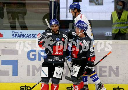 EBEL. Eishockey Bundesliga. VSV gegen HC TWK Innsbruck.  Torjubel Daniel Claudio Ciampini, Braden Dean Christoffer (Innsbruck). Villach, am 27.9.2020.
Foto: Kuess
www.qspictures.net
---
pressefotos, pressefotografie, kuess, qs, qspictures, sport, bild, bilder, bilddatenbank