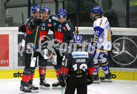 EBEL. Eishockey Bundesliga. VSV gegen HC TWK Innsbruck.  Torjubel Deven Gregory Sideroff, Felix Girard, Jonathan Racine-Clarke, Maxwell Nicholas Gerlach  (Innsbruck). Villach, am 27.9.2020.
Foto: Kuess
www.qspictures.net
---
pressefotos, pressefotografie, kuess, qs, qspictures, sport, bild, bilder, bilddatenbank