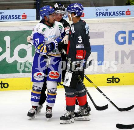 EBEL. Eishockey Bundesliga. VSV gegen HC TWK Innsbruck. Matt Mangene,  (VSV), Jonathan Racine-Clarke  (Innsbruck). Villach, am 27.9.2020.
Foto: Kuess
www.qspictures.net
---
pressefotos, pressefotografie, kuess, qs, qspictures, sport, bild, bilder, bilddatenbank