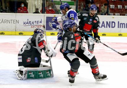EBEL. Eishockey Bundesliga. VSV gegen HC TWK Innsbruck.  Martin Ulmer,  (VSV), Thomas Edward McCollum, Jonathann Racine-Clarke (Innsbruck). Villach, am 27.9.2020.
Foto: Kuess
www.qspictures.net
---
pressefotos, pressefotografie, kuess, qs, qspictures, sport, bild, bilder, bilddatenbank