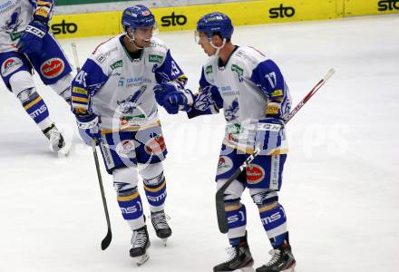 EBEL. Eishockey Bundesliga. VSV gegen HC TWK Innsbruck.  Torjubel Maximilian Kammerer, Scott Kosmachuk (VSV). Villach, am 27.9.2020.
Foto: Kuess
www.qspictures.net
---
pressefotos, pressefotografie, kuess, qs, qspictures, sport, bild, bilder, bilddatenbank