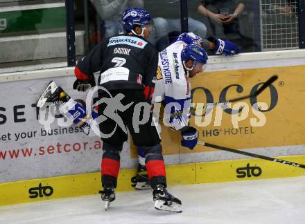 EBEL. Eishockey Bundesliga. VSV gegen HC TWK Innsbruck. Jerry Pollastrone,   (VSV), Jonathan Racine-Clarke (Innsbruck). Villach, am 27.9.2020.
Foto: Kuess
www.qspictures.net
---
pressefotos, pressefotografie, kuess, qs, qspictures, sport, bild, bilder, bilddatenbank
