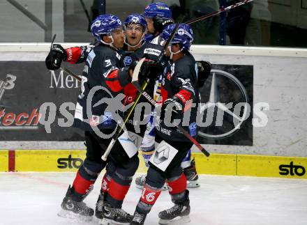 EBEL. Eishockey Bundesliga. VSV gegen HC TWK Innsbruck.  Torjubel Deven Gregory Sideroff, Felix Girard, Jonathan Racine-Clarke (Innsbruck). Villach, am 27.9.2020.
Foto: Kuess
www.qspictures.net
---
pressefotos, pressefotografie, kuess, qs, qspictures, sport, bild, bilder, bilddatenbank