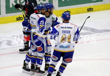 EBEL. Eishockey Bundesliga. VSV gegen HC TWK Innsbruck. Torjubel Sahir Gill, Julian Kornelli, Jamie Fraser  (VSV). Villach, am 27.9.2020.
Foto: Kuess
www.qspictures.net
---
pressefotos, pressefotografie, kuess, qs, qspictures, sport, bild, bilder, bilddatenbank