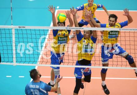 Volleyball. CEV Champions League Volley 2021 - Men First Round. SK Zadruga Aich/Dob gegen Dinamo Moscow.  Matthew Cole Passalent, Lukas Kuehl, Maximilian Landfahrer (Aich/Dob). Bleiburg, am 29.9.2020.
Foto: Kuess
www.qspictures.net
---
pressefotos, pressefotografie, kuess, qs, qspictures, sport, bild, bilder, bilddatenbank