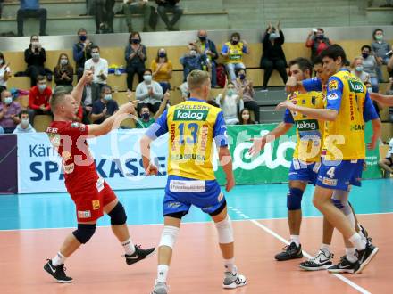 Volleyball. CEV Champions League Volley 2021 - Men First Round. SK Zadruga Aich/Dob gegen Dinamo Moscow.  Jubel (Aich/Dob). Bleiburg, am 29.9.2020.
Foto: Kuess
www.qspictures.net
---
pressefotos, pressefotografie, kuess, qs, qspictures, sport, bild, bilder, bilddatenbank